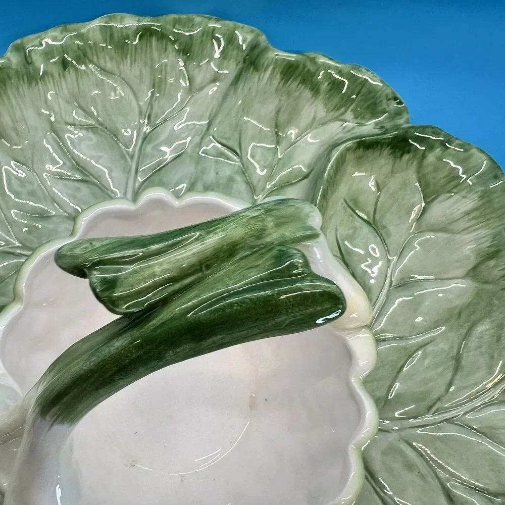 Vintage Fitz 1982 & Floyd Ironstone Cabbage Leaf spring onion Chip & Dip Set ff